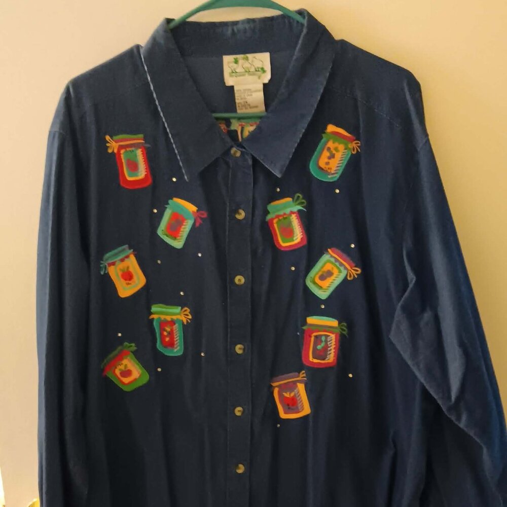 Quacker factory woman's light corduroy blue with jelly jars throughout 2X